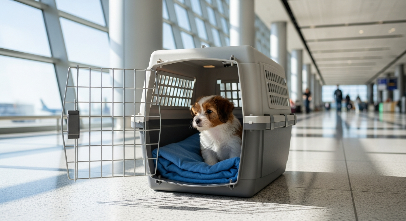 AI_IMAGE: A small puppy in a comfortable airline-approved travel crate at a modern airport terminal, soft natural light from large windows, clean professional setting, the crate has a cozy blanket inside | photorealistic | landscape