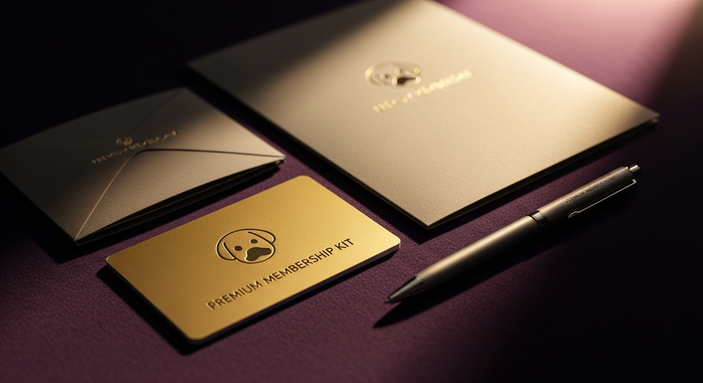 AI_IMAGE: A premium membership welcome kit arranged on a dark violet velvet surface, gold-embossed card with a puppy paw print emblem, a branded folder and pen beside it, warm directional studio lighting with shallow depth of field, luxury branding photography | photorealistic | landscape