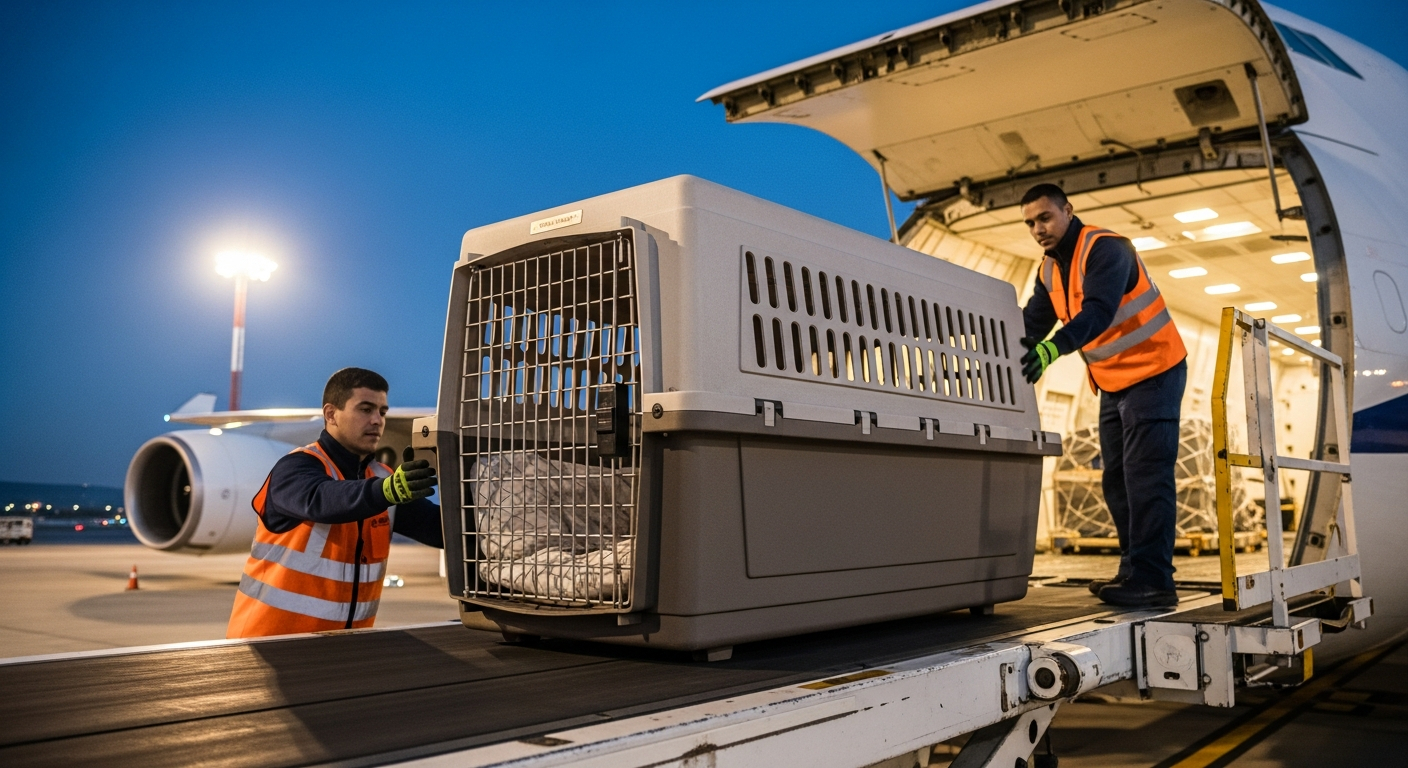 AI_IMAGE: A large airline-approved hard-sided pet crate being loaded into the cargo hold of a commercial aircraft by professional handlers wearing high-visibility vests, the crate has ventilation panels and a comfortable padded interior visible through the gate, bright airport tarmac lighting, professional logistics photography | photorealistic | landscape