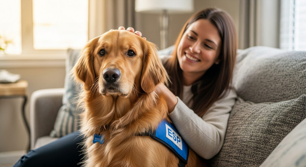 AI_IMAGE: A calm, well-groomed therapy dog wearing a blue ESA vest sitting on a couch next to a smiling person in a cozy living room, soft warm natural lighting, peaceful domestic atmosphere, soft focus background with bookshelves | photorealistic | landscape