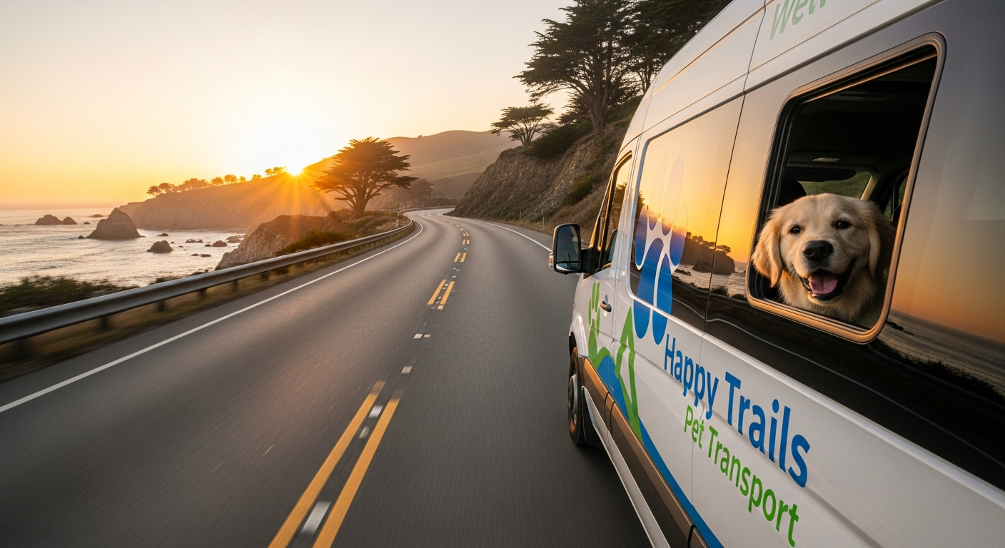 AI_IMAGE: A professional pet transport van on a scenic highway with a happy puppy visible through the window, warm golden hour sunlight, clean modern vehicle branding, photojournalistic style | photorealistic | landscape