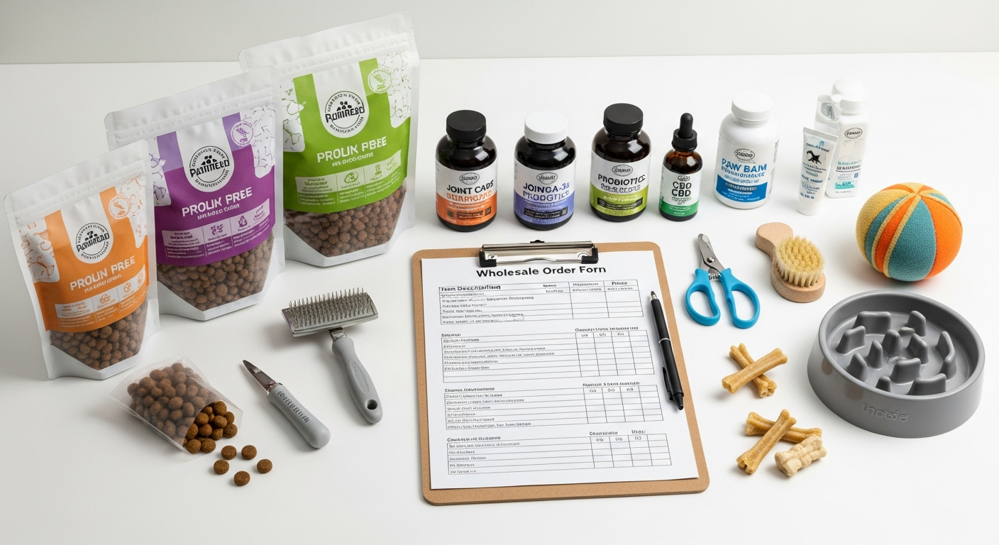 AI_IMAGE: A professional flat lay arrangement of premium pet supplies including kibble bags, supplements, grooming tools, and health products on a clean white surface with a clipboard showing a wholesale order form, bright even studio lighting, commercial product photography | photorealistic | landscape