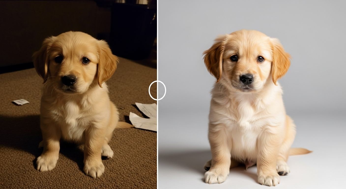 AI_IMAGE: A before and after split-screen comparison of a puppy photo, the left side showing a dim poorly-lit phone photo and the right side showing the same puppy with enhanced lighting, color correction, and clean background, clean modern design with a dividing line, professional product demonstration | photorealistic | landscape