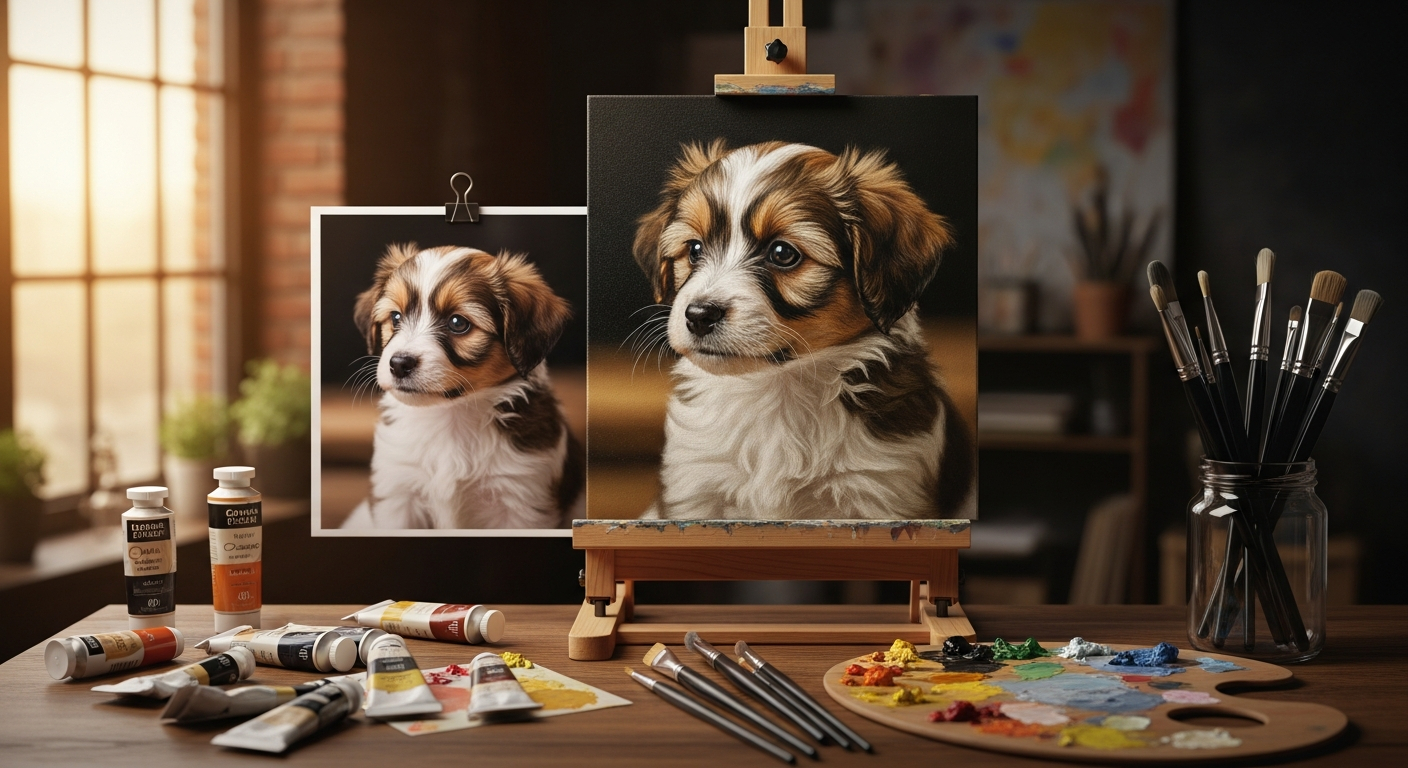 AI_IMAGE: A beautiful oil painting of a small puppy on an easel next to the original reference photo of the same puppy, art studio setting with brushes and paint tubes visible, warm directional lighting, side by side comparison showing the transformation from photo to painting, editorial product photography | photorealistic | landscape