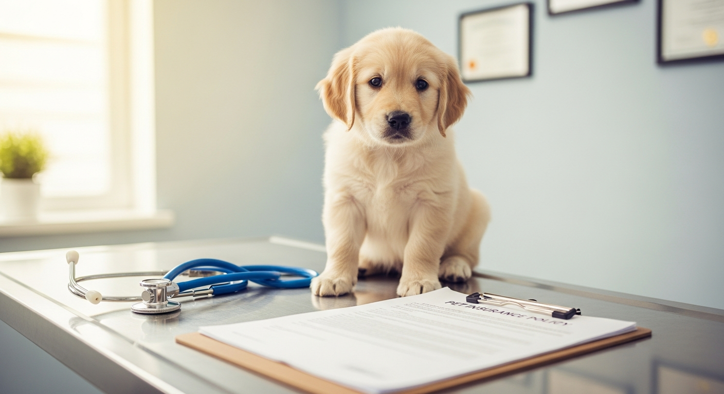AI_IMAGE: A small puppy sitting calmly on a veterinary examination table with a stethoscope draped nearby, a clipboard with an insurance policy document visible in the foreground, clean bright veterinary clinic setting, warm professional photography | photorealistic | landscape