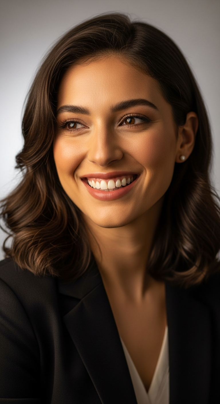 AI_IMAGE: Professional portrait of a young woman in her late 20s with a bright genuine smile, wearing a dark blazer, warm studio lighting, neutral background, shoulders-up composition | photorealistic | portrait