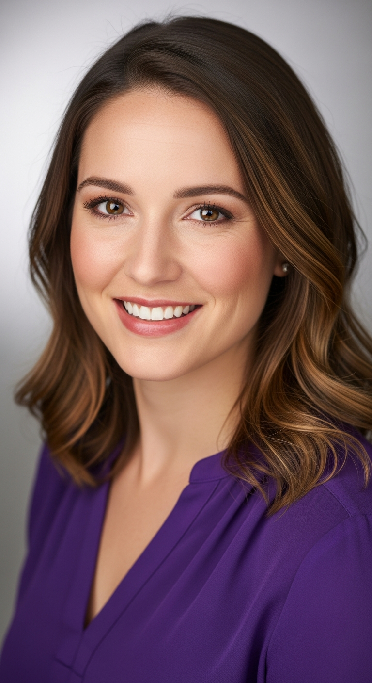 AI_IMAGE: Professional portrait of a confident woman in her 30s with warm smile, wearing a deep violet blouse, soft studio lighting, neutral background, shoulders-up composition | photorealistic | portrait