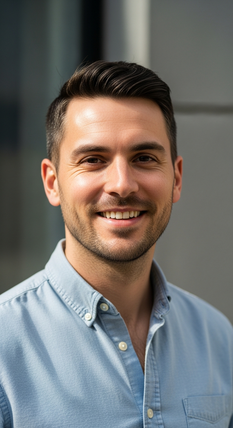 AI_IMAGE: Professional portrait of a man in his early 30s with warm expression, wearing a casual button-down shirt, natural daylight, neutral background, shoulders-up composition | photorealistic | portrait