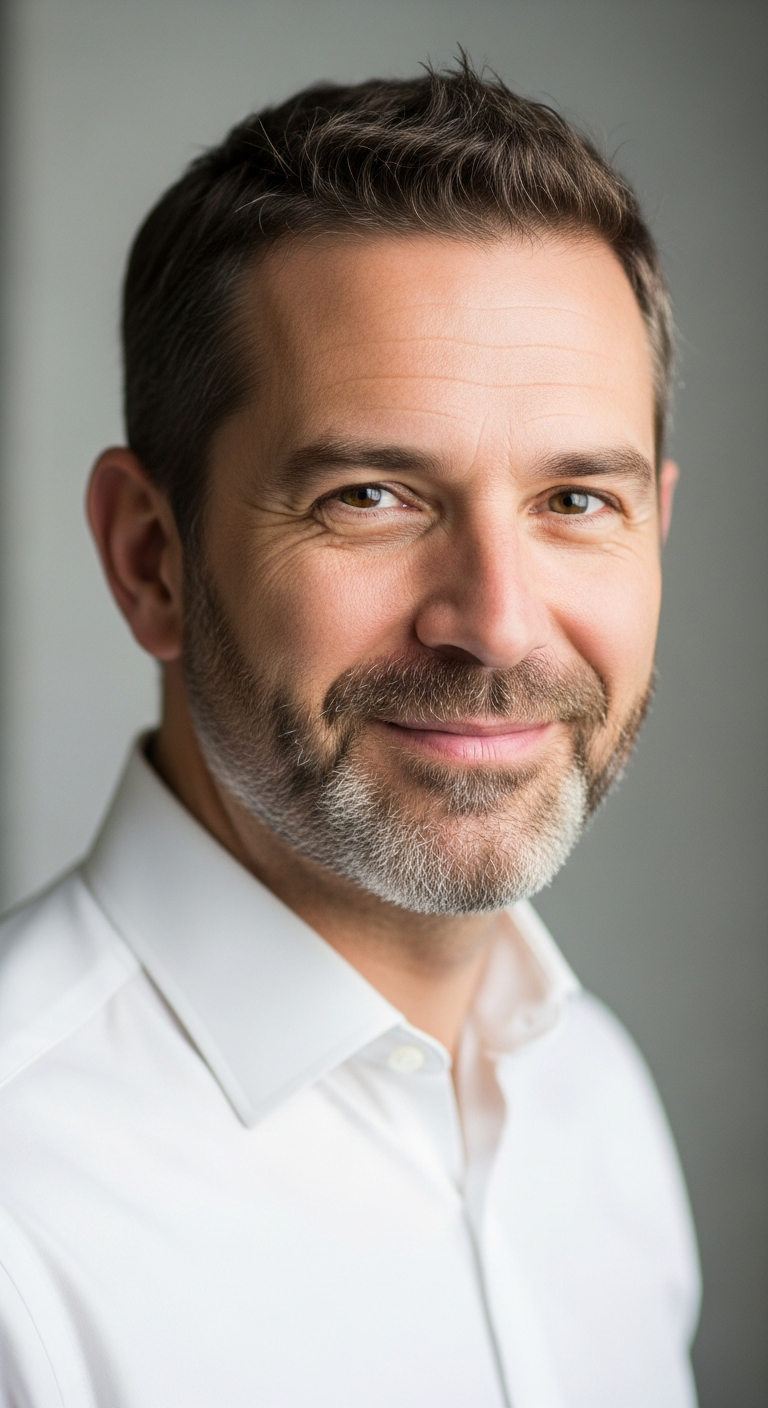 AI_IMAGE: Professional portrait of a man in his 40s with kind eyes and short beard, wearing a white collared shirt, soft natural lighting, neutral background, shoulders-up composition | photorealistic | portrait