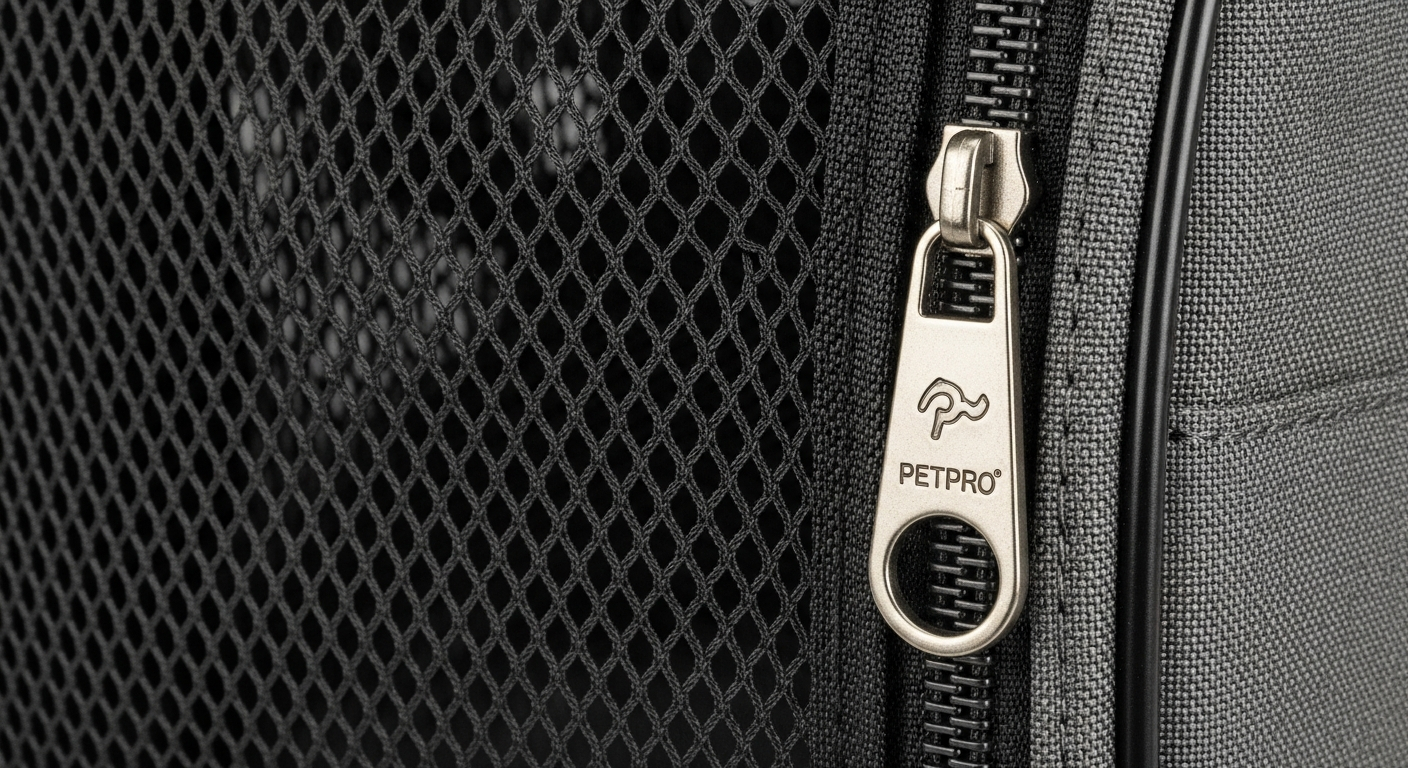 AI_IMAGE: Close-up detail of a pet carrier's mesh ventilation panel and heavy-duty zipper hardware, fabric texture visible, clean product photography on a white surface | photorealistic | 4:3