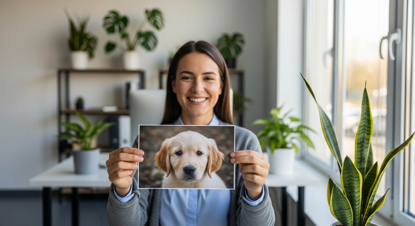 AI_IMAGE: A friendly woman in smart casual clothing on a video call holding up a puppy photo to the camera with a warm smile, bright modern office space with plants, soft natural light, professional yet approachable concierge service moment | photorealistic | landscape