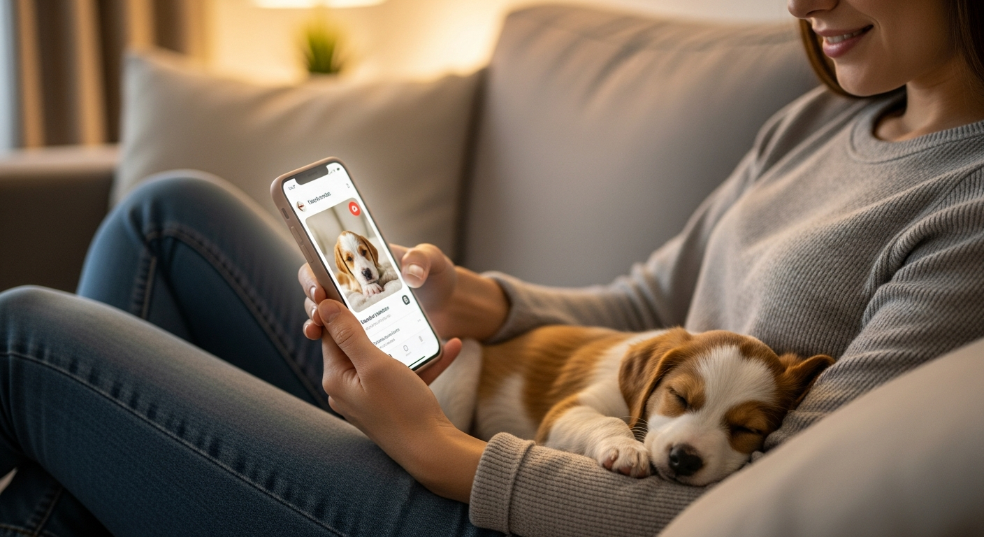 AI_IMAGE: A person sitting on a cozy sofa holding a smartphone showing a puppy photo notification, a small puppy sleeping beside them on the couch, warm living room lighting, relaxed happy moment, the phone screen glowing with a cute puppy image, casual lifestyle photography | photorealistic | landscape
