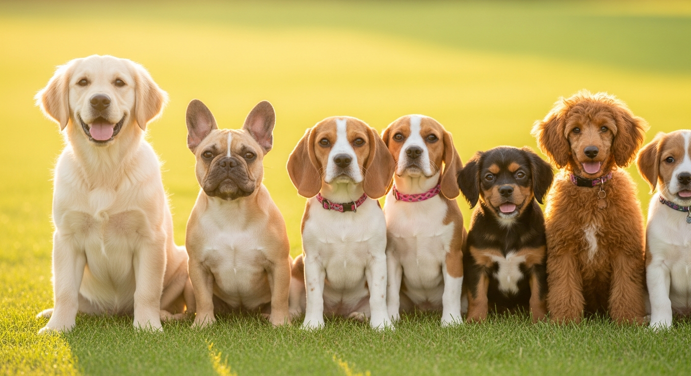 AI_IMAGE: A heartwarming scene of a diverse group of adorable puppies of different breeds — golden retriever, French bulldog, beagle, cavalier King Charles, and poodle — all sitting together in a row on a bright grassy meadow, looking at the camera with happy excited expressions, golden hour warm sunlight, shallow depth of field with soft bokeh, joyful energetic atmosphere, professional outdoor pet photography | photorealistic | landscape