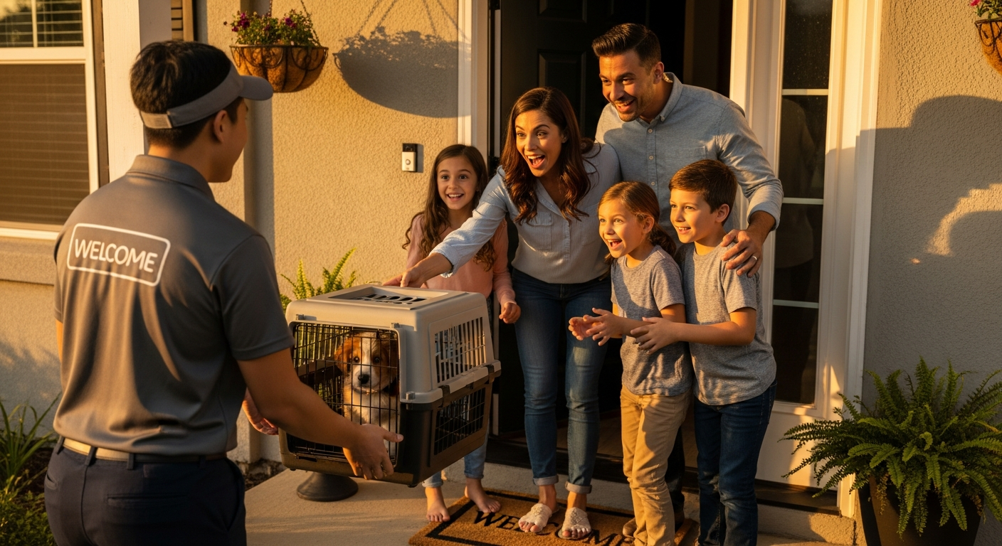 AI_IMAGE: A happy family receiving a small puppy in a cozy travel crate at their front door from a delivery person, warm golden hour porch lighting, joyful surprise moment, suburban home entrance with a welcome mat, candid lifestyle photography | photorealistic | landscape