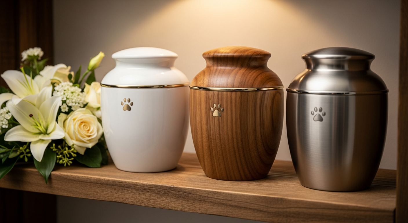 AI_IMAGE: Three elegant pet memorial urns displayed on a wooden shelf, one ceramic in soft white, one in warm walnut wood, and one in brushed silver metal, each with a small engraved paw print, soft warm lighting, respectful product photography with fresh flowers nearby | photorealistic | landscape