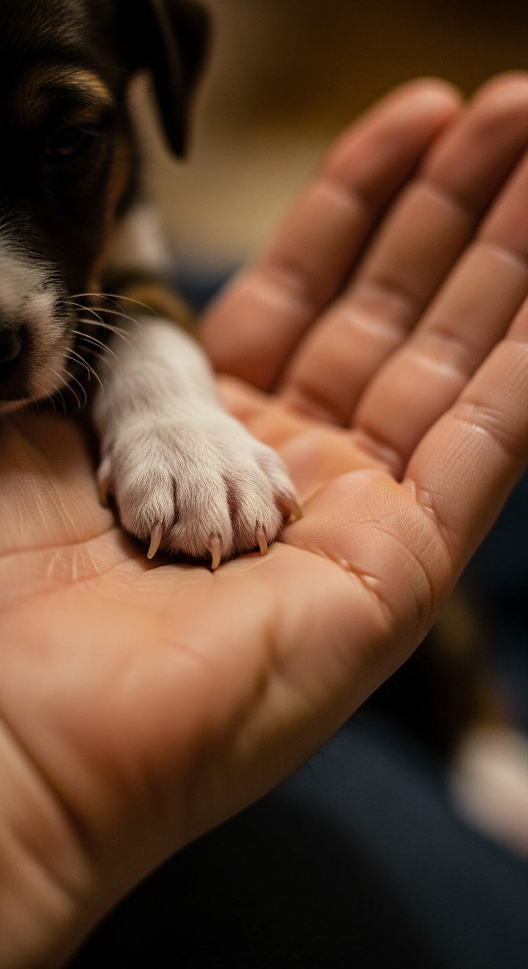 AI_IMAGE: A small puppy gently placing its paw on a person's open hand, close-up shot showing the tiny paw and the human palm, warm soft indoor lighting, shallow depth of field, tender moment of trust between puppy and new owner | photorealistic | portrait