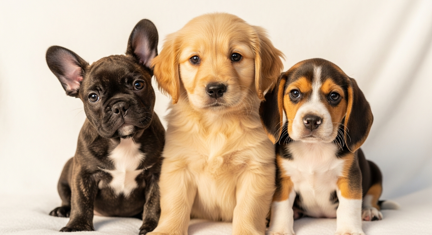 AI_IMAGE: Three adorable puppies of different breeds — a golden retriever puppy, a French bulldog puppy, and a beagle puppy — sitting together on a soft white blanket looking directly at camera with gentle trusting eyes, warm bright studio lighting, clean white background, heartwarming professional pet photography | photorealistic | landscape