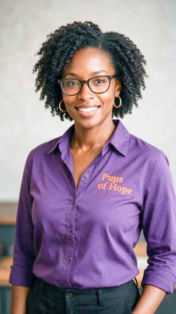 Smiling woman in purple "Pups of Hope" shirt