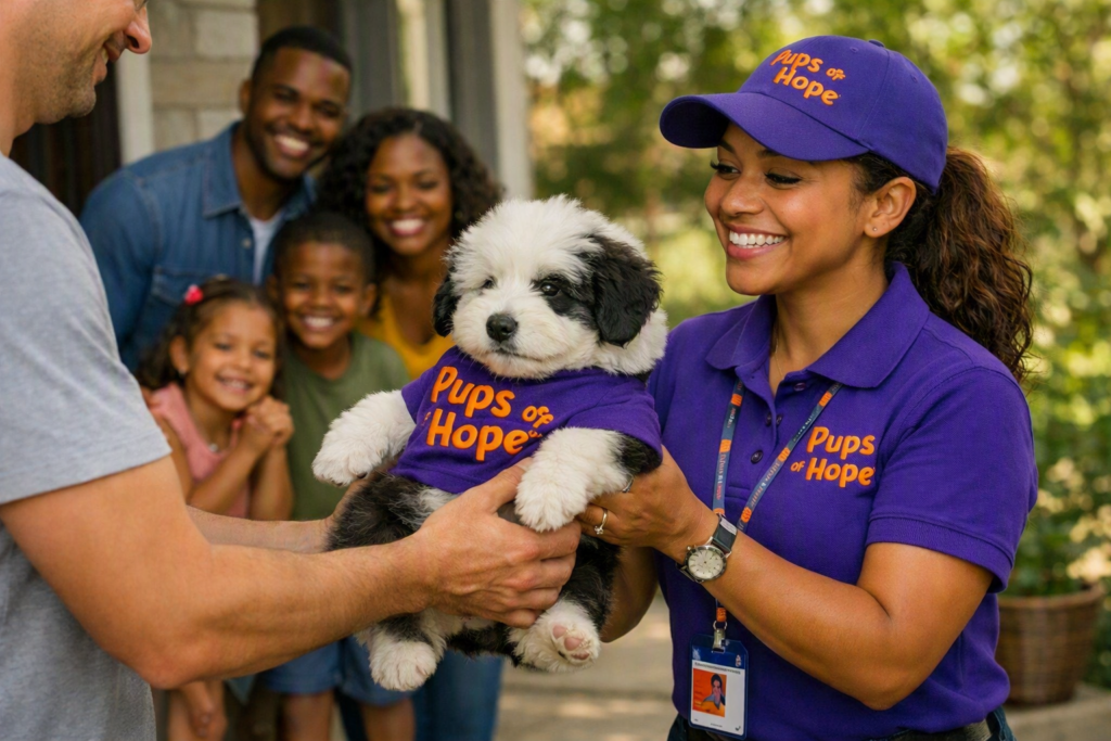 Volunteer handing fluffy puppy to smiling family