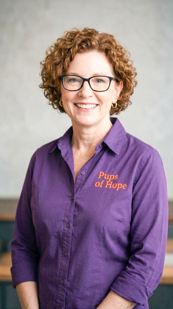 Smiling woman in purple Pups of Hope shirt